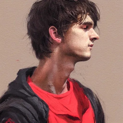 Prompt: Portrait of a man by Greg Rutkowski, he is about 20 years old, french features, attractive, short brown hair with bangs, athletic and strong, gallant, childhood friend vibes, he is wearing red and black utilitarian jumpsuit, highly detailed portrait, digital painting, artstation, concept art, smooth, sharp foccus ilustration, Artstation HQ.