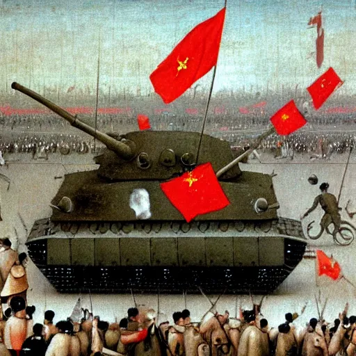 Image similar to tiananmen square tank man painted by hieronymus bosch, high quality, high resolution