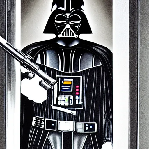 Prompt: darth vader holding an shotgun in backrooms