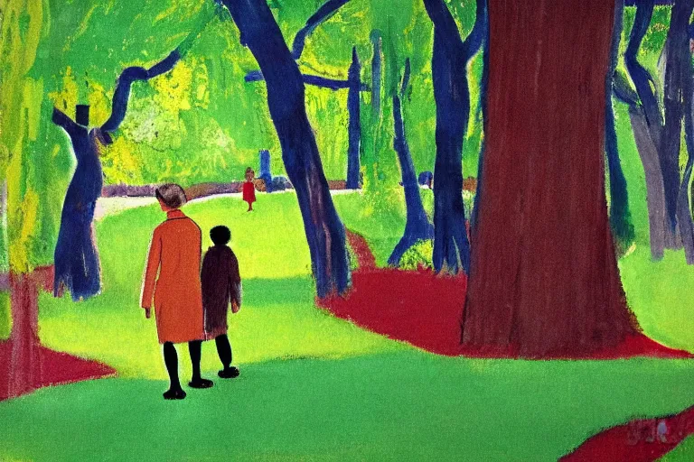 Image similar to a very tall man named John with dark hair holding the hands of a short young boy named Alex with dark hair as they walk in a park on a bright beautiful colorful day. part in the style of an edgar degas painting. part in the style of david hockney