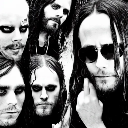 Prompt: promotional band photo for a black metal band of all jared leto's