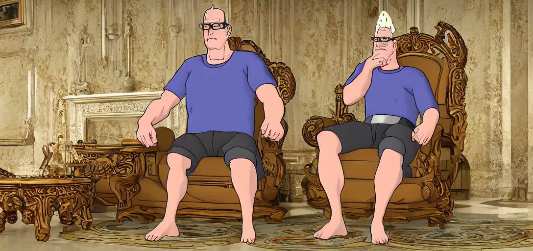 Image similar to hank hill sitting on a throne of propane, beautiful, ornate, 8 k, movie still