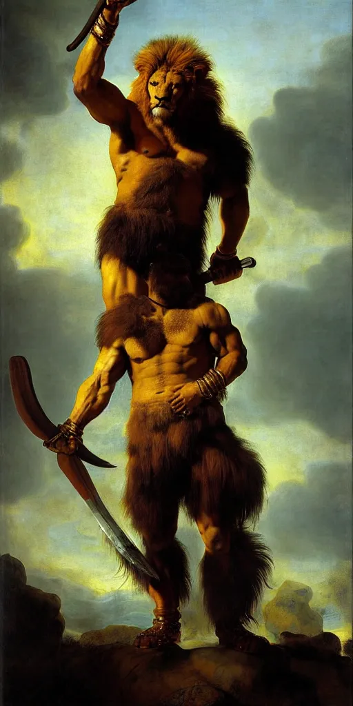 Prompt: muscular oversized proud lion animal as barbarian hunter with gold chest armor and shiny gold weapon and anthropomorphic human oversized mutant proportions and very hairy body , backlight body , extreme very textured detailed panoramic portrait oil painting by rembrandt, sunset, dramatic clouds and cyan atmosphere