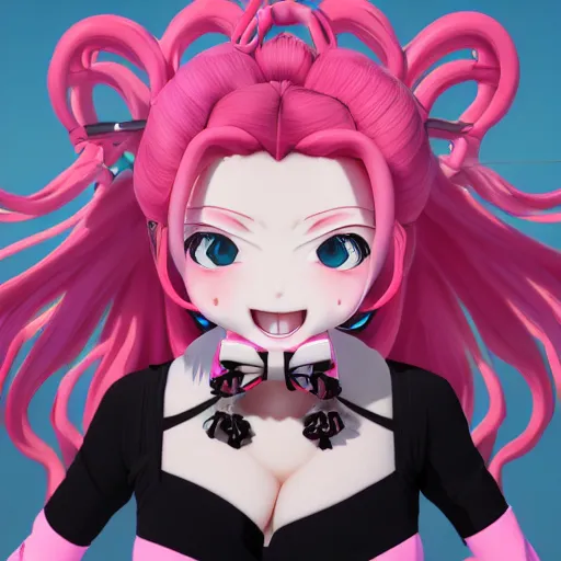 Prompt: stunningly beautiful omnipotent megalomaniacal anime goddess who looks like junko enoshima with symmetrical perfect face and porcelain skin, pink twintail hair and mesmerizing cyan eyes, looking down upon the viewer and taking control while smiling in a mischievous way, mid view from below her feet, hyperdetailed, unreal engine 5, octane render, 8 k