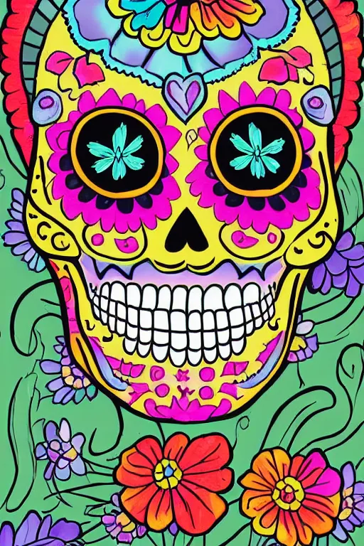 Image similar to illustration of a sugar skull day of the dead girl, art by kelogsloops