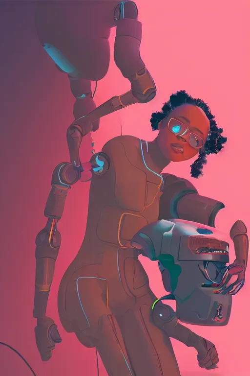 Image similar to a black girl fixing a robot, in the nature, mixing solarpunk, afropunk and cyberpunk technology and aesthetic ( ( ( ( volumetric light ) ) ) ), high angle, part by pearl fryar, part by prince damah, sunny day, trending on artstation, cinematic view, illustration, painting.