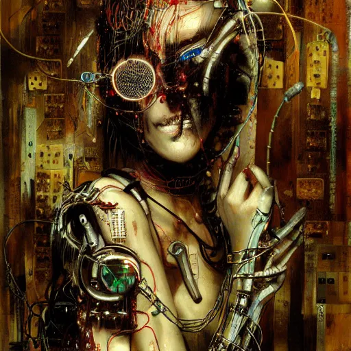 Prompt: depraved cybernetic vampire trapped in circuitry, intricate detail, miro, royo, whealan,