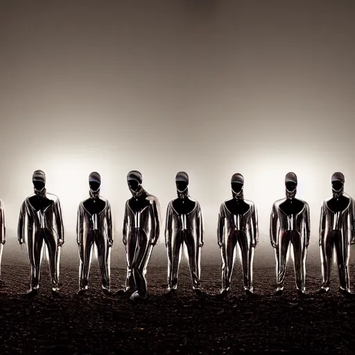 Prompt: unsplash contest winning photo, a giant crowd of men in full - body shiny reflective silver latex suits including masks and pants and shirts, inside a colorful dramatic unique rocky western landscape, low fog, neon light tube