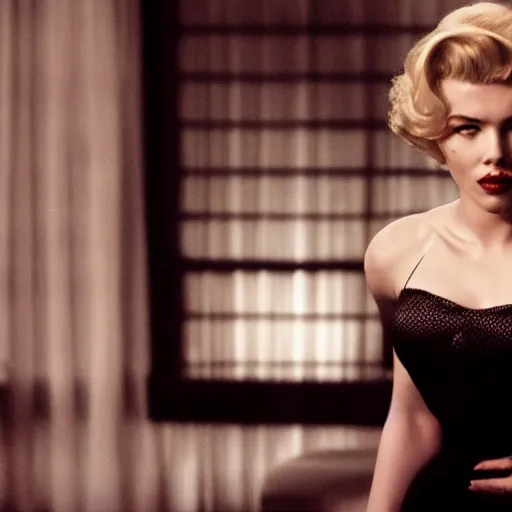 Image similar to stunning awe inspiring scarlett johansen as marilyn monroe, movie still 8 k hdr atmospheric lighting