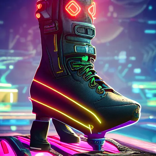 Prompt: a pair of techno neon boots!! in the borderlands 3 style, close - up, cinematic shot, intricate, ornate, photorealistic, ultra detailed, realistic, 1 0 0 mm, photography, octane, high definition, depth of field, bokeh, 8 k, behance, artstation