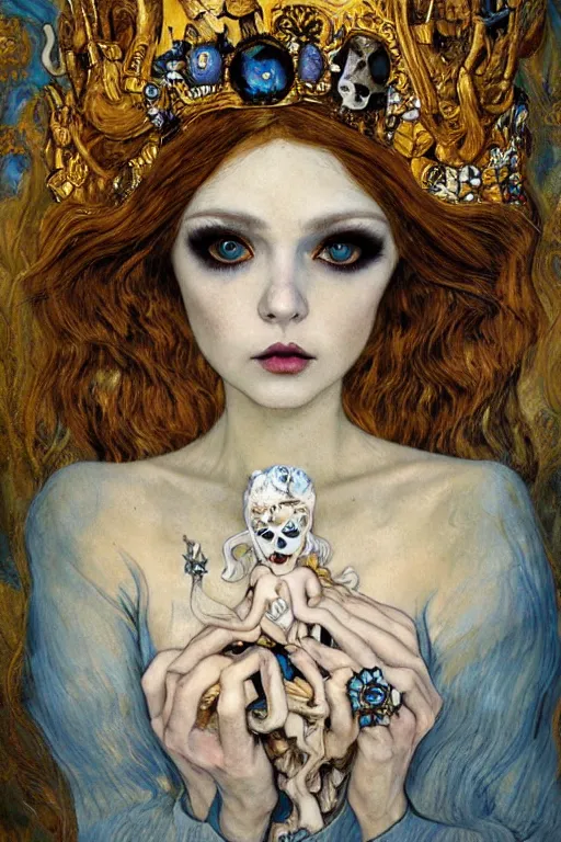 Image similar to The Princess of Bones by Karol Bak, Jean Deville, Gustav Klimt, and Vincent Van Gogh, portrait of a porcelain doll princess wearing a crown, beautiful porcelain ball-joint doll face, BJD, pale blue eyes, mystic eye, otherworldly, crown made of bones, ornate jeweled crown, skulls, fractal structures, arcane, inscribed runes, infernal relics, ornate gilded medieval icon, third eye, spirals, rich deep moody colors