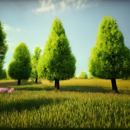 Image similar to Furry trees in a flowery meadow, 4K octane render, volumetric lighting