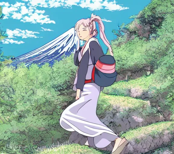 Image similar to beautiful silver hair young woman walking up Mount Fuji in the style of studio ghibli and manga