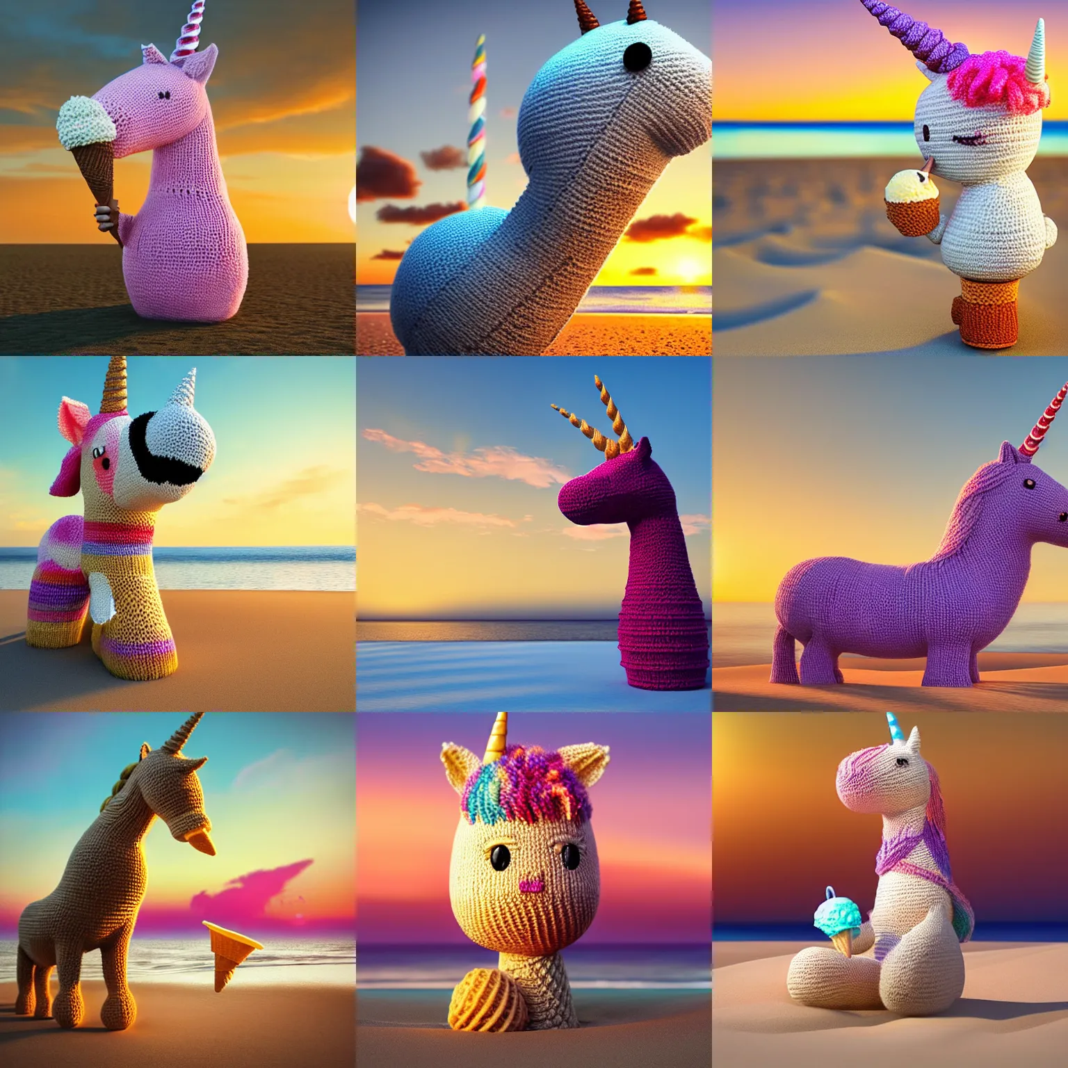Prompt: a large knitted unicorn enjoying an ice cream cone at sunset on the beach Trending on artstation, featured on Behance, well-rendered, Unreal Engine, 4K HD