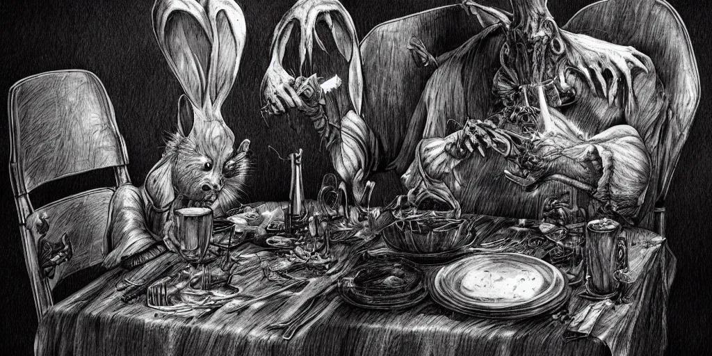 Image similar to An evil detailed white rabbit eating human bodyparts with a knife and fork sitting on a chair at the dinner table, by Mike Francini, Artstation, Dark, Fantasy, bloody, scary, spooky, detailed