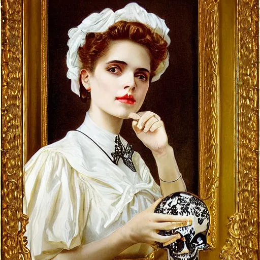 Image similar to painting skull portrait young woman holding a balloon, intricate, elegant, highly detailed,, art by jc leyendecker and singer sargent