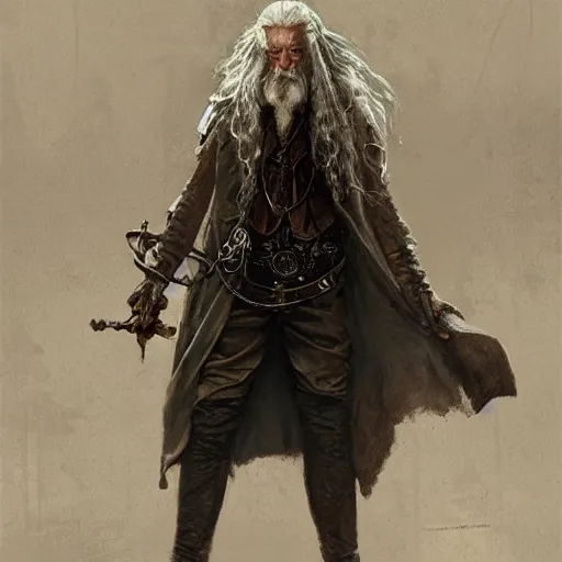 Image similar to steampunk gandalf, full body, fine details, gears, depth, painted by seb mckinnon, high detail, digital art, painted by greg rutkowski, trending on artstation