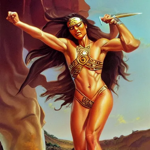 Image similar to Olivia Rodrigo warrior princess by boris vallejo