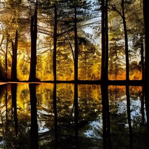 Image similar to calm peaceful forest during sunset, 8k hd, light reflection, relaxing, alone, first person