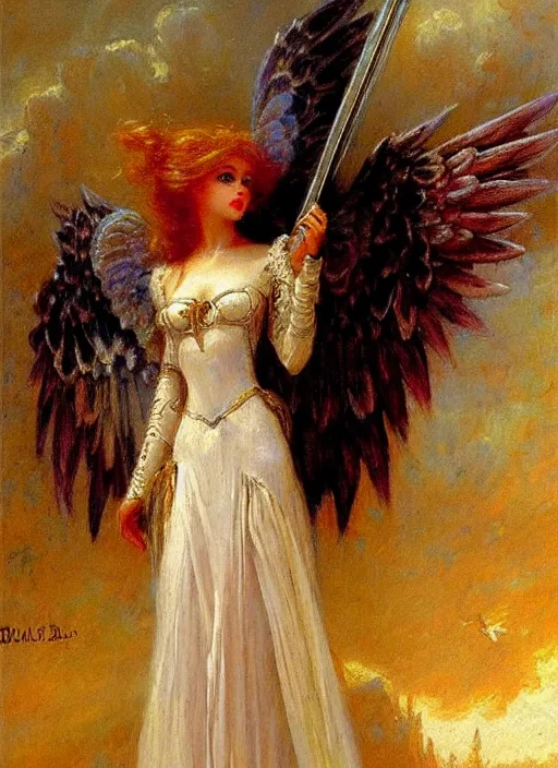 Image similar to vertical prtrait of an angel knight gothic girl, baroque dress. by gaston bussiere