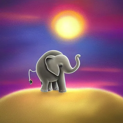 Image similar to A cute little elephant with a short trunk, sitting on a cloud at sunset, digital art