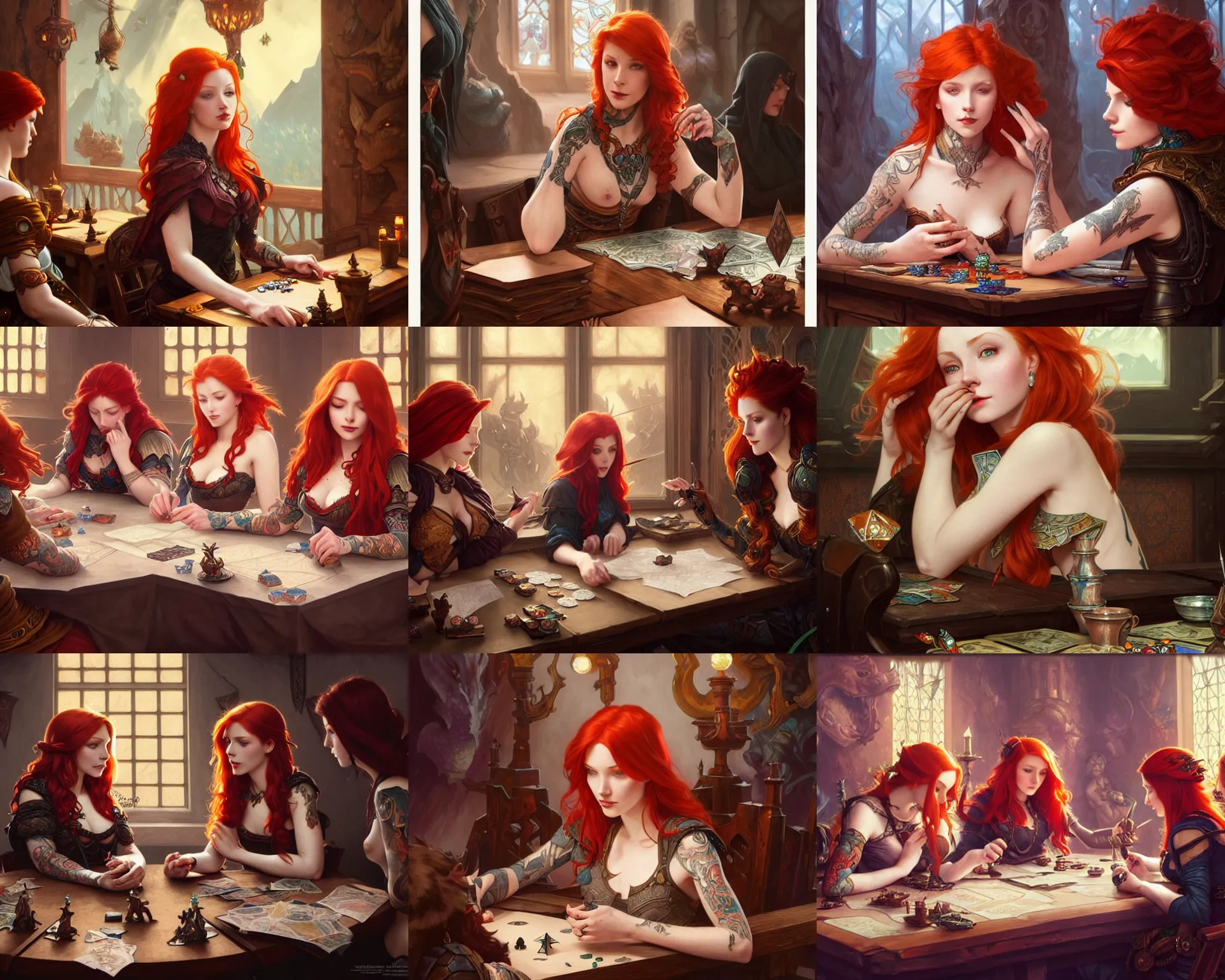 Prompt: redheaded tattooed girls sitting at table playing dnd, deep focus, d & d, fantasy, intricate, elegant, highly detailed, digital painting, artstation, concept art, matte, sharp focus, illustration, hearthstone, art by artgerm and greg rutkowski and alphonse mucha.