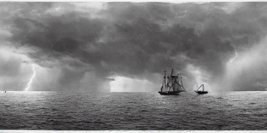 Image similar to a boat sailing in a thunderstorm where the clouds look like skulls, 1 9 0 0 s photograph