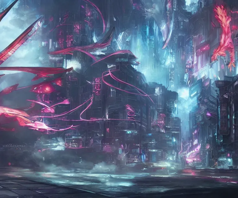 Image similar to neo tokyo, high fantasy, final fantasy, concept art, video game, phoenix flames