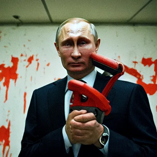 Image similar to putin with a chainsaw. in a concrete bunker with a pile of corpses. focus on putins face with blood splatters. canon eos r 3, f / 1. 4, iso 1 6 0 0, 1 / 8 0 s, 8 k, raw, grainy