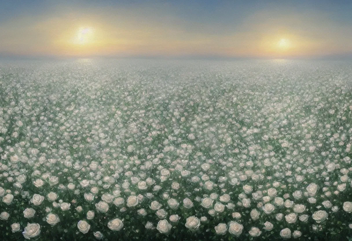 Prompt: a painting of a sea of white rose flowers, romantic, sunset, 4 k, trending on artstation in the style of greg rutkowski