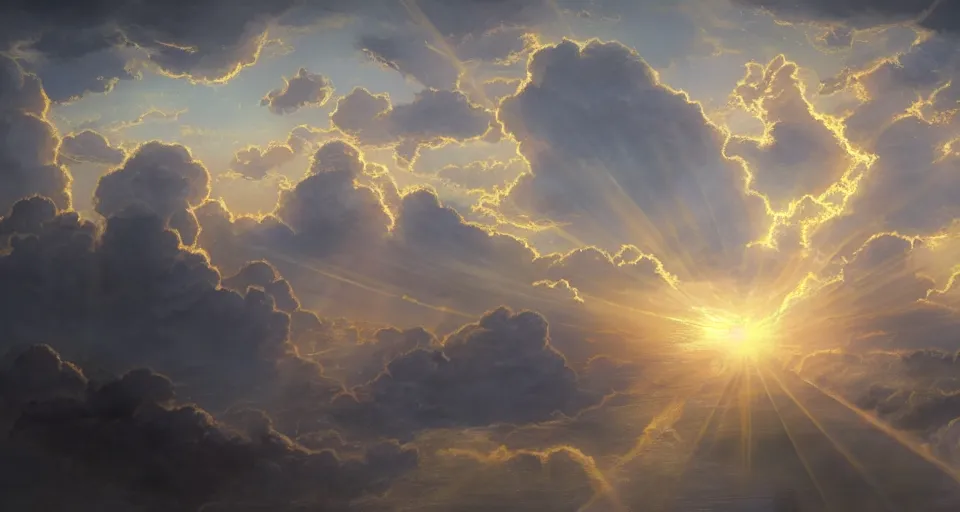 Image similar to heaven with angels floating on clouds god rays, by eugene von guerard, ivan shishkin, dramatic lighting, concept art, trending on artstation, 8 k