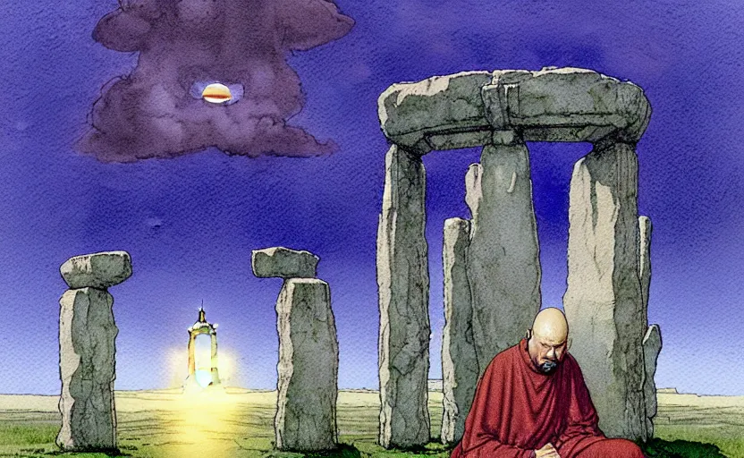 Prompt: a hyperrealist watercolour character concept art portrait of one small grey medieval monk kneeling down in prayer in front of a floating portal above a complete stonehenge monument on a misty night. a ufo is in the sky. by rebecca guay, michael kaluta, charles vess and jean moebius giraud