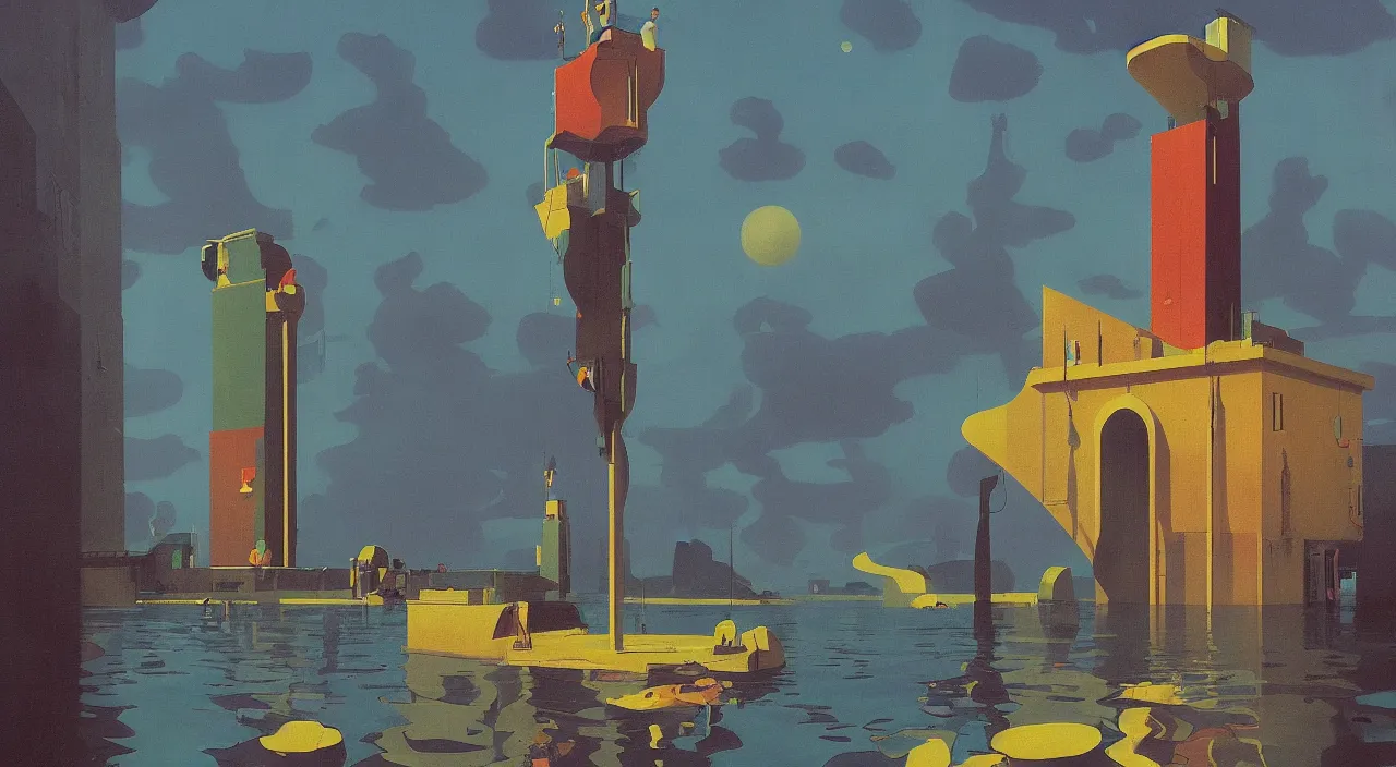 Image similar to single flooded simple! cosmic tower!, very coherent and colorful high contrast!! masterpiece by rene magritte simon stalenhag carl spitzweg syd mead norman rockwell edward hopper james gilleard, minimalist, dark shadows, sunny day, hard lighting