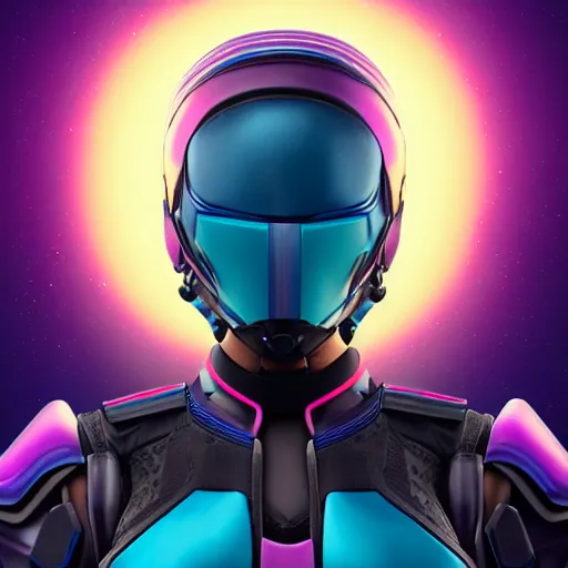 Image similar to a stunning upper body portrait of a beautiful young woman wearing futuristic navy blue and teal battle bodyarmor and pauldrons and ombre purple and pink hairstyle with hair blowing in the wind, by marvel comics, outrun, vaporware, highly detailed, fine detail, intricate, digital art, trending on artstation