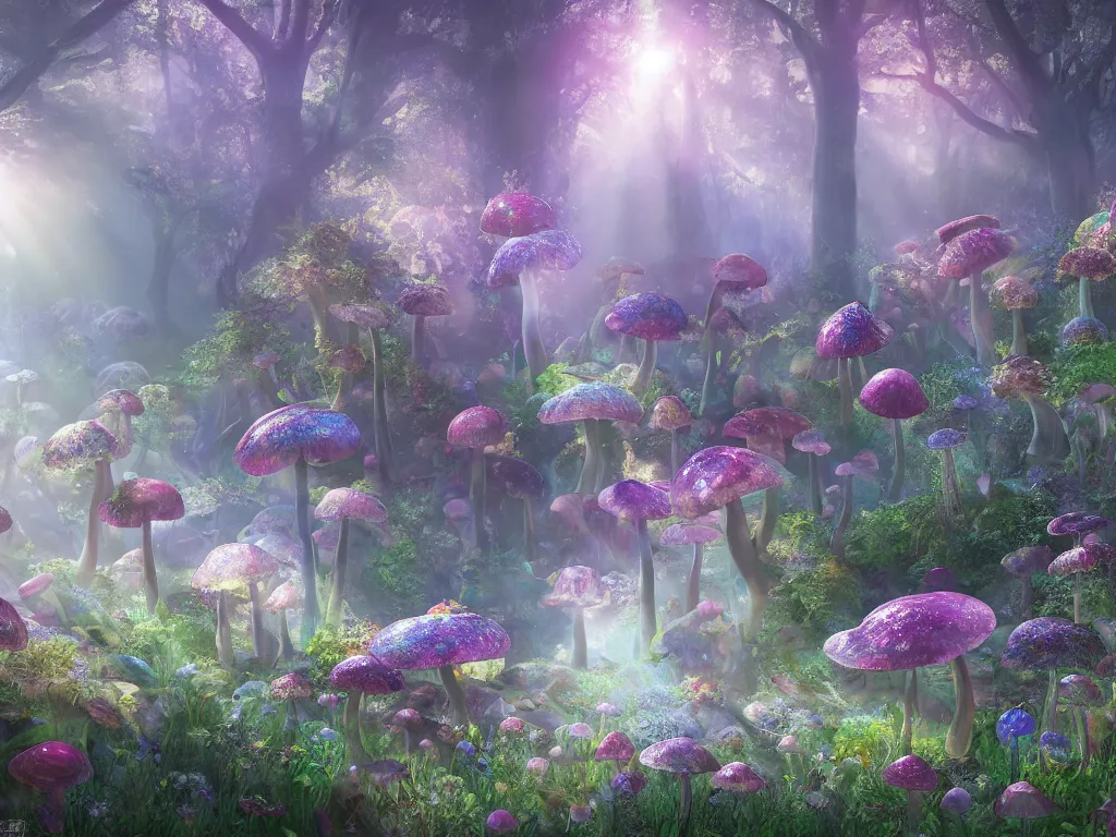 Image similar to 3d render of opalescent iridescent wildflowers in enchanted mushroom forest, Sunlight Study, by Jan Davidsz de Heem and ((((((Lisa Frank)))))), misty morning, Art Nouveau, 8k, extreme detail, sharp focus, octane render