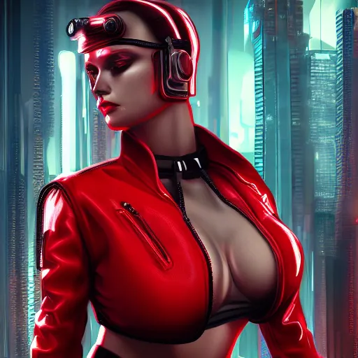 Image similar to realistic digital artwork of cyberpunk female wearing thick leather and steel collar, 4K, red highlights, symetrical,