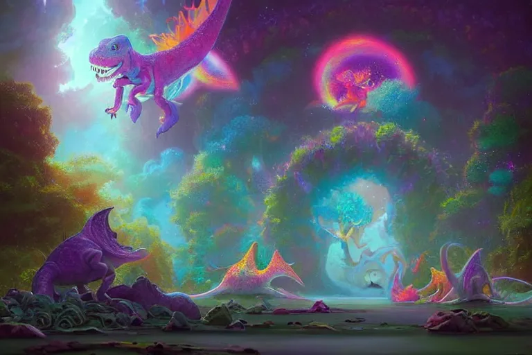 Image similar to a psychedelic realm made entirely out of love and acceptance, astral beings sharing love. filled with cute smiling glowing chibi style pixar baby dinosaurs in the style of greg rutkowski! and wlop and lisa frank! and bob ross!!! and ruan jia, illustration, epic, fantasy, hyper detailed, smooth, unreal engine, sharp focus, ray tracing
