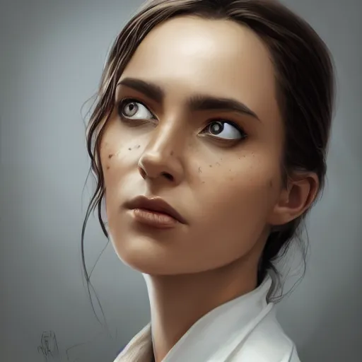 Image similar to epic portrait an woman wearing a white blouse with short sleeves and a black tie, beauty, pretty face, glossy skin, brown tied hair, digital painting, artstation, concept art, soft light, hdri, smooth, sharp focus, illustration, fantasy, intricate, elegant, highly detailed, D&D, matte painting, in the style of Greg Rutkowski and Alphonse Mucha and artemisia, 8k, highly detailed, jurgens, rutkowski, bouguereau, pastoral, rustic, georgic, detailed concept art, illustration, colorful pastel, painting, detail, ultra detailed, digital art, 4K,