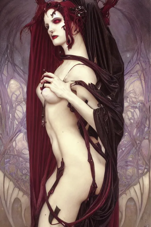 Prompt: masterpiece painting of stunning vampiric succubus girl by donato giancola, h. r. giger and tom bagshaw, face by artgerm and edmund leighton, background by james jean and alphonse mucha, 8 k, gothic horror, majestic, volumetric lighting, porcelain skin, art deco, trending on pixiv