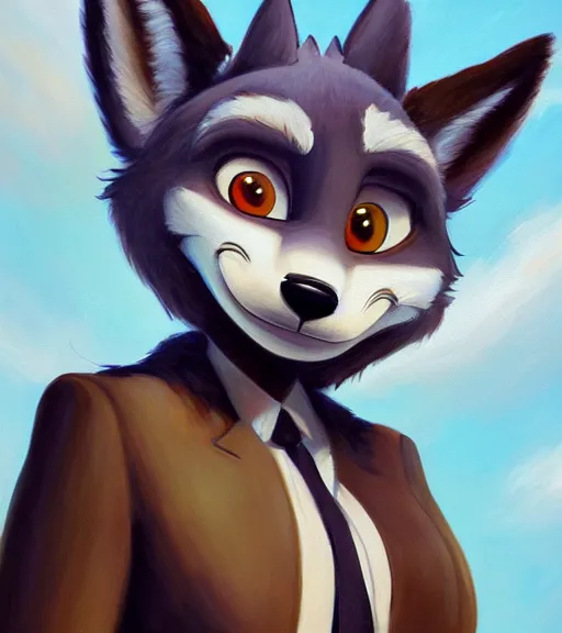 Image similar to oil painting of anthromorphic furry female wolf, in style of zootopia, female fursona, furry, furaffinity, 4 k, deviantart, furry art, fursona art, wearing black business suit, business suit, wolf fursona, expressive feminine face, female,