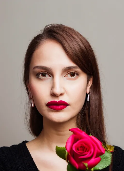 Prompt: portrait of a 2 3 year old woman, symmetrical face, lipstick and white earrings, rose, she has the beautiful calm face of her mother, slightly smiling, ambient light