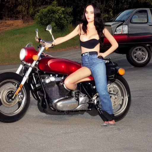 Image similar to young megan fox on a a motorcycle, highly realistic