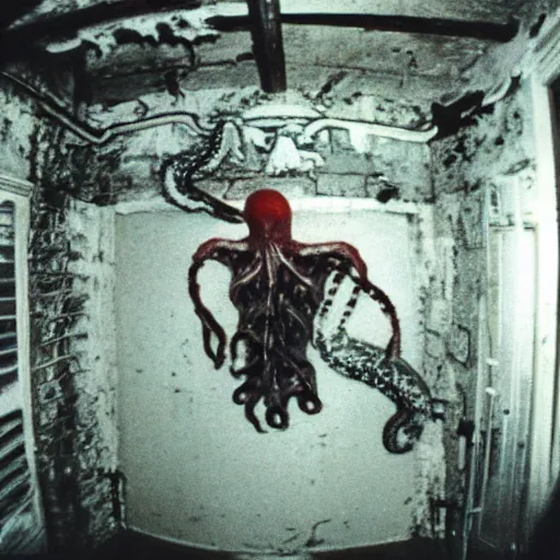 Image similar to 1 9 9 3, disposable camera, flash, old abandoned building, creepy mutant flesh creature, tentacles, flesh blob, trevor henderson