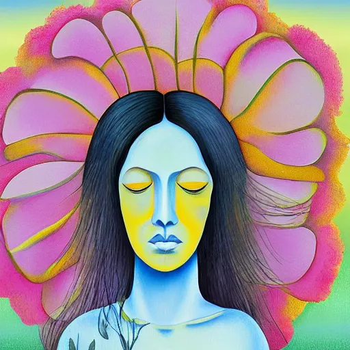 Prompt: huge flower as head, woman standing in a field, surreal, flat light, painting, digital painting, artstation, georgia o'keeffe