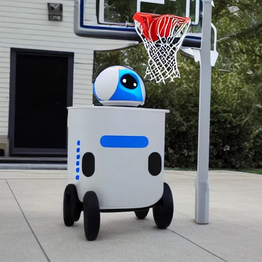 Prompt: robot flying droid with basketball hoop