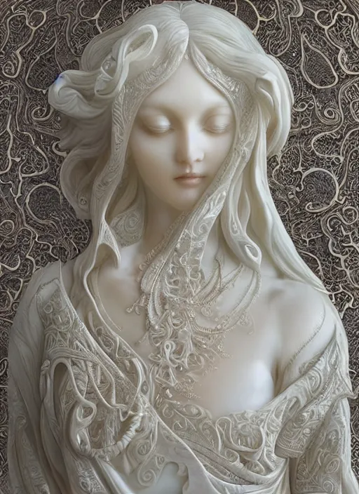 Image similar to opalescent marble sculpture of beautiful woman, ivory carving, fractal paisley inlay, lace, intricate, elegant, highly detailed, artgerm, lace, by ruan jia and greg rutkowski