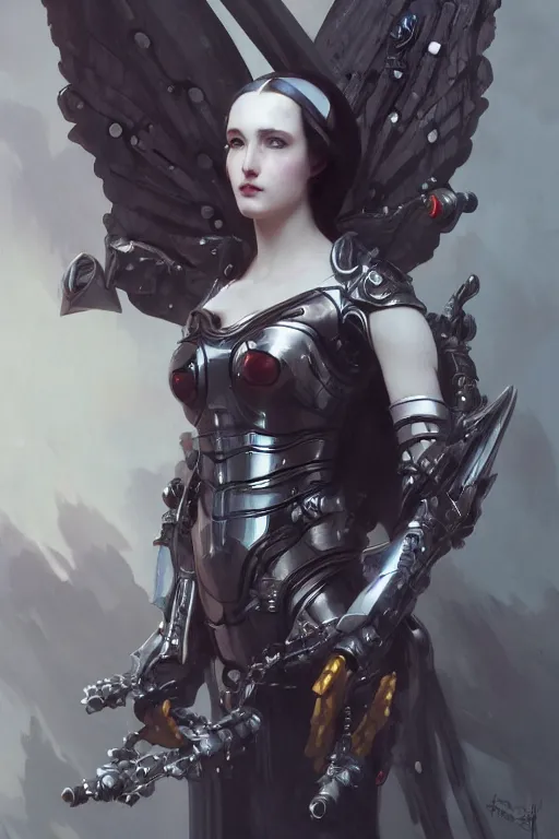 Prompt: Beautiful pale warhammer 40000 goth girl with mechanical wings and many wires, masterpiece 4k digital illustration by Ruan Jia and Mandy Jurgens and Artgerm and william-adolphe bouguereau, highly detailed, trending on artstation, award winning,