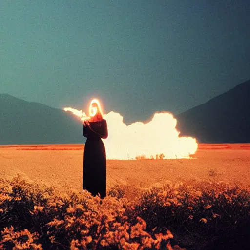 Image similar to The full body shot of beautiful pale woman with white flowers and full-face golden mask inside a thick black smoke in rocky desert landscape, glowing eyes everywhere, burning earth by Gaspar Noe and Christopher Doyle, anamorphic lens, anamorphic lens flares, kodakchrome, cinematic composition, practical effects, award winning photo, 8k,