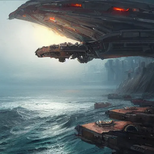 Prompt: A huge robot mecca over the ocean by greg rutkowski