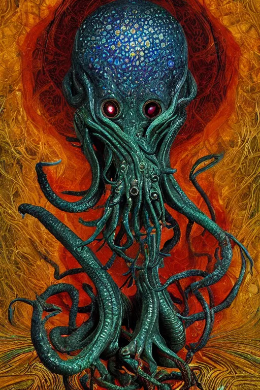 Image similar to psychedelic organic cthulhu mindflayer, gems jewels, diffuse lighting, very very intricate, very very elegant, highly detailed, lifelike, photorealistic, digital painting, artstation, illustration, concept art, smooth, HR GIGER , Hieronymous Bosch, Francis Bacon sharp focus, art by Greg Rutkowski and John Collier and Albert Aublet and Krenz Cushart and Artem Demura and Alphonse Mucha